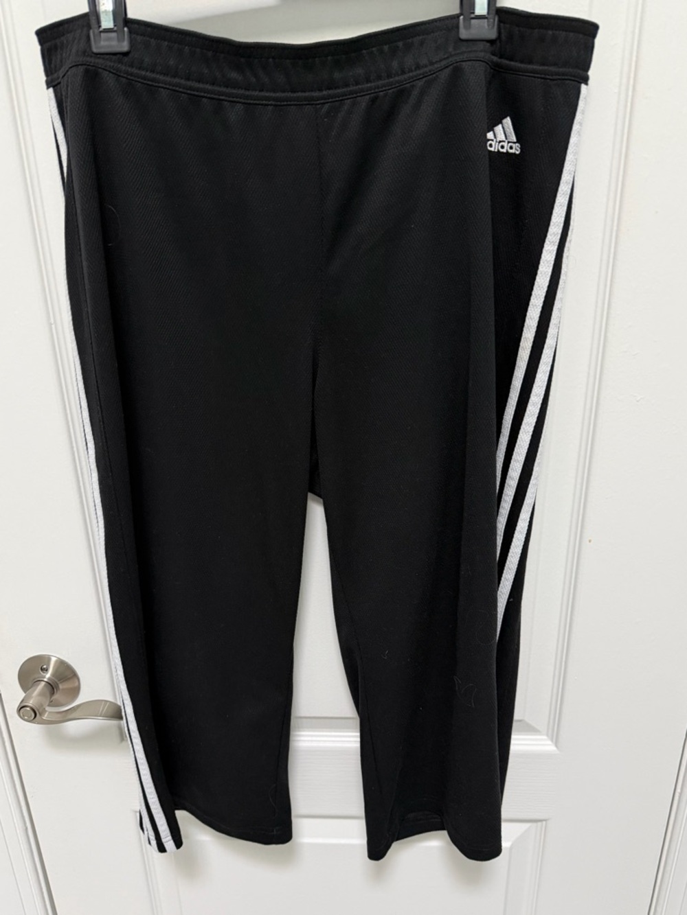 Adidas Women’s Black Athletic Pants with White Stripes, Crop length, Large